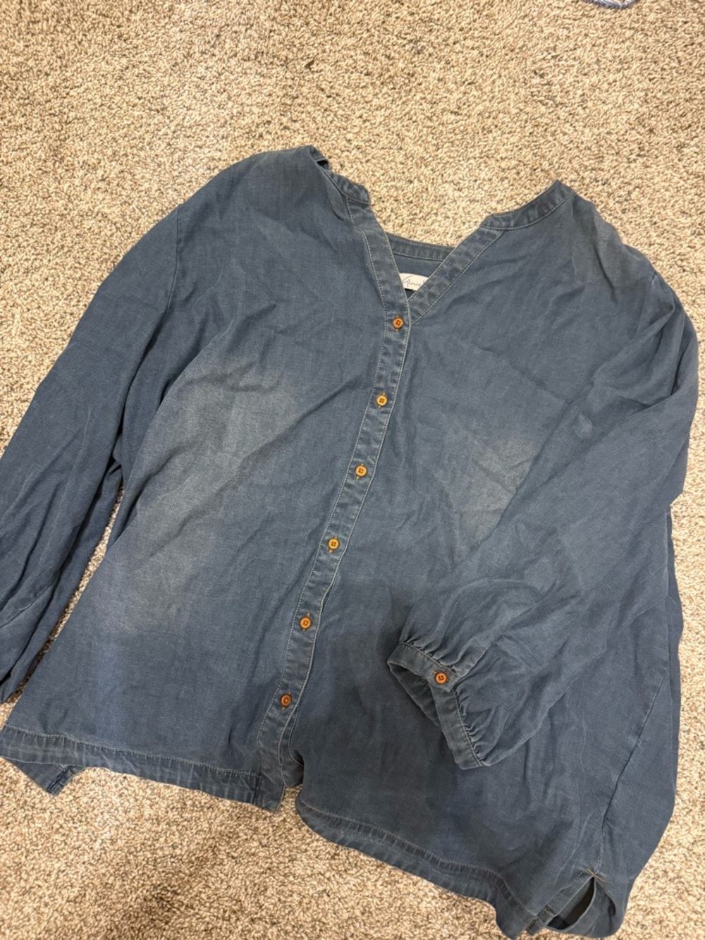 Relaxed V-Neck Button-Front Chambray Blouse in Blue